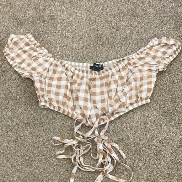 Brown and White Gingham Off-Shoulder Top - Picture 1 of 3
